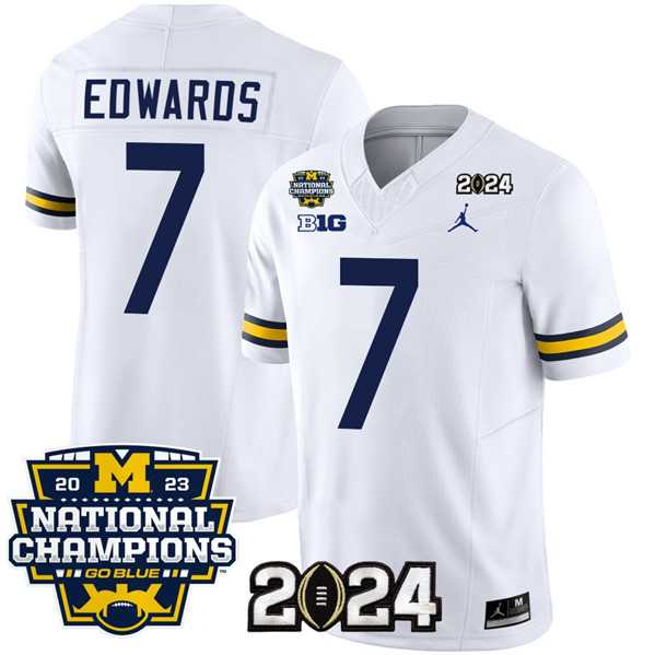Mens Michigan Wolverines #7 Donovan Edwards White 2024 F.U.S.E. With 2023 National Champions Patch Stitched Jersey